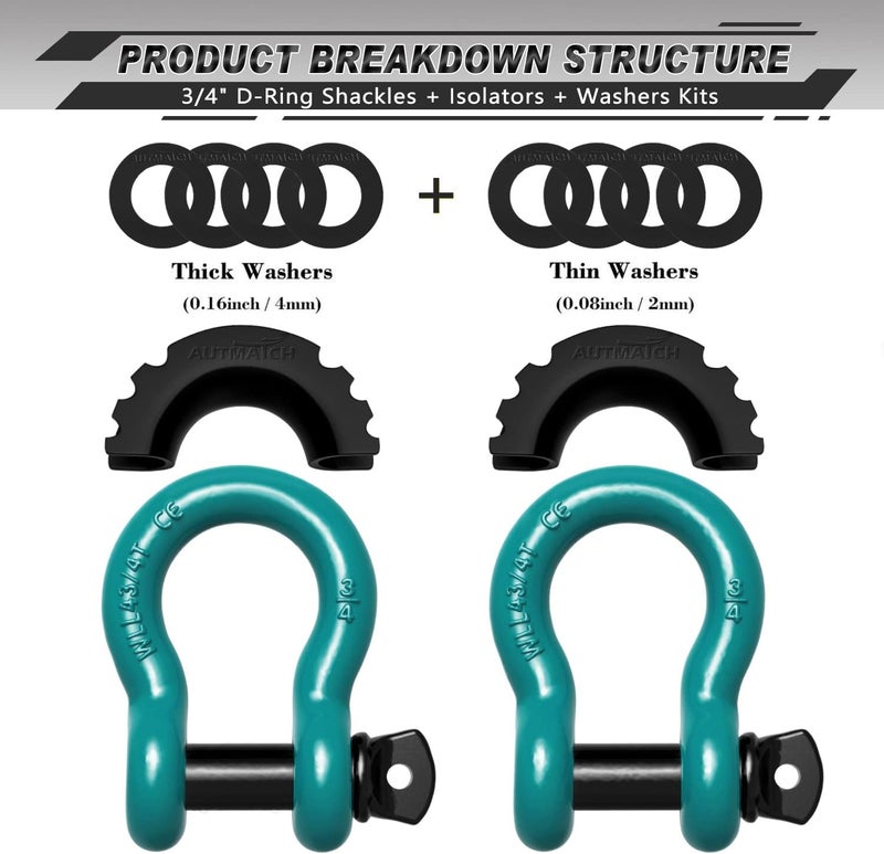AUTMATCH D Ring Shackle 3/4" Shackles (2 Pack) 41,887Ibs Break Strength, Clevis Shackle with 7/8" Screw Pin and Shackle Isolator Washers Kit for Tow Strap Winch Off Road Vehicle Recovery, Teal - Image 2