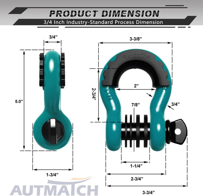 AUTMATCH D Ring Shackle 3/4" Shackles (2 Pack) 41,887Ibs Break Strength, Clevis Shackle with 7/8" Screw Pin and Shackle Isolator Washers Kit for Tow Strap Winch Off Road Vehicle Recovery, Teal - Image 3