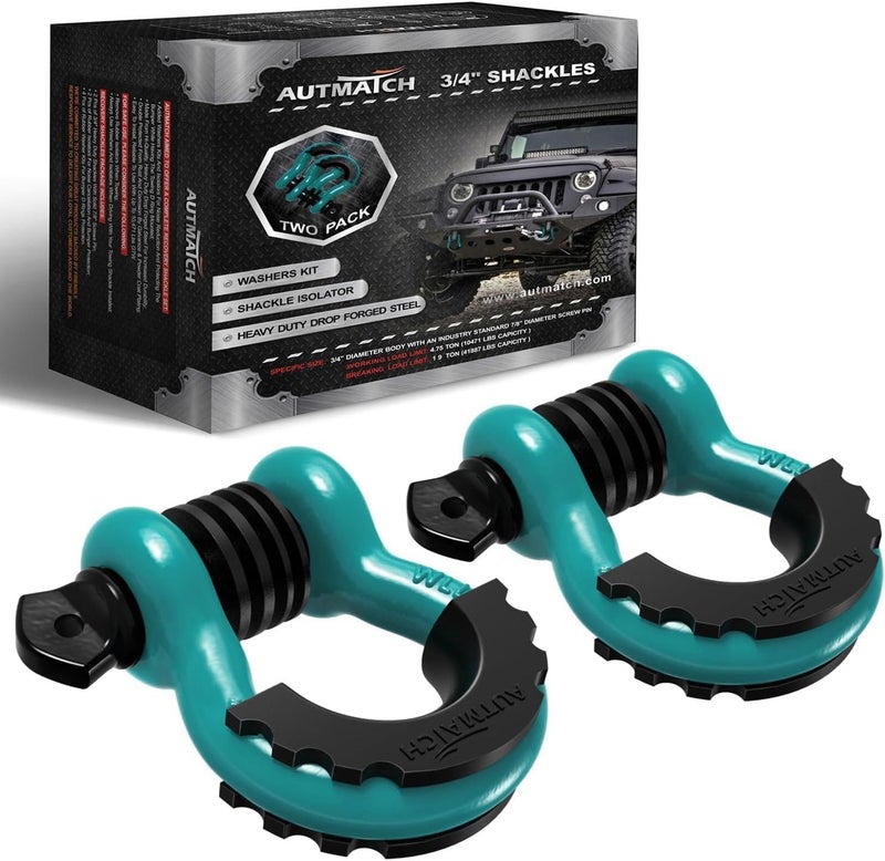 AUTMATCH D Ring Shackle 3/4" Shackles (2 Pack) 41,887Ibs Break Strength, Clevis Shackle with 7/8" Screw Pin and Shackle Isolator Washers Kit for Tow Strap Winch Off Road Vehicle Recovery, Teal - Image 1