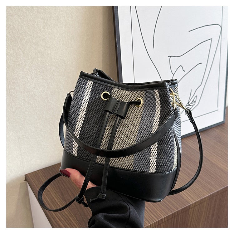 Large Capacity Women'S Bag 2023 Striped Patchwork Bucket Bag Korean Style Casual Shoulder Crossbody Bag Storage Canvas - Image 1
