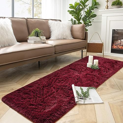 DweIke Fluffy Burgundy Red Runner Rugs for Bedroom, 2x6 Feet Soft Plush Long Runners for Girls Boys Kids, Non-Slip and Machine Washable Bedside Rug, Small Throw Carpet for Hallway Rooms Decor - Image 1