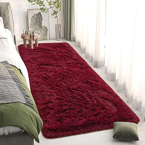 DweIke Fluffy Burgundy Red Runner Rugs for Bedroom, 2x6 Feet Soft Plush Long Runners for Girls Boys Kids, Non-Slip and Machine Washable Bedside Rug, Small Throw Carpet for Hallway Rooms Decor - Image 2
