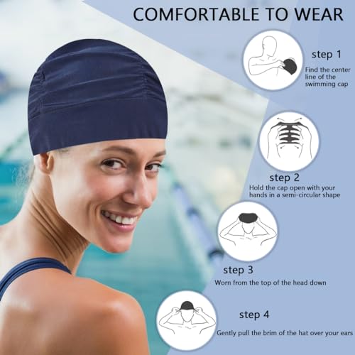 Ewandastore Ewanda store Colorful Pleated Nylon Cloth Swim Cap Large Swimming Cap Hot Spring Bathing Caps for Adult Men Women Long Hair(Navy Blue) - Image 4