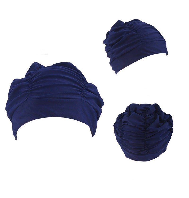 Ewandastore Ewanda store Colorful Pleated Nylon Cloth Swim Cap Large Swimming Cap Hot Spring Bathing Caps for Adult Men Women Long Hair(Navy Blue) - Image 2