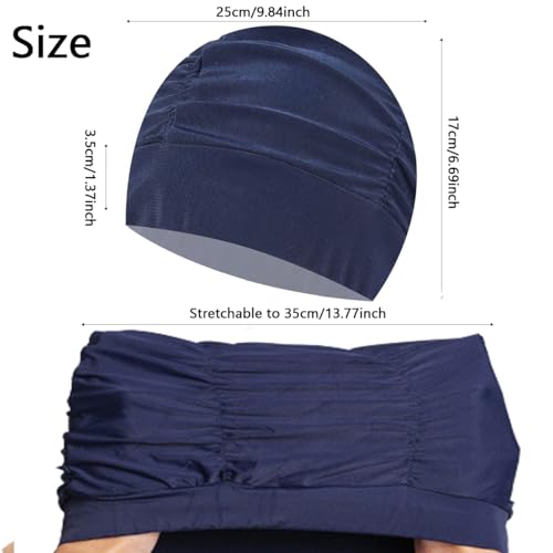 Ewandastore Ewanda store Colorful Pleated Nylon Cloth Swim Cap Large Swimming Cap Hot Spring Bathing Caps for Adult Men Women Long Hair(Navy Blue) - Image 3