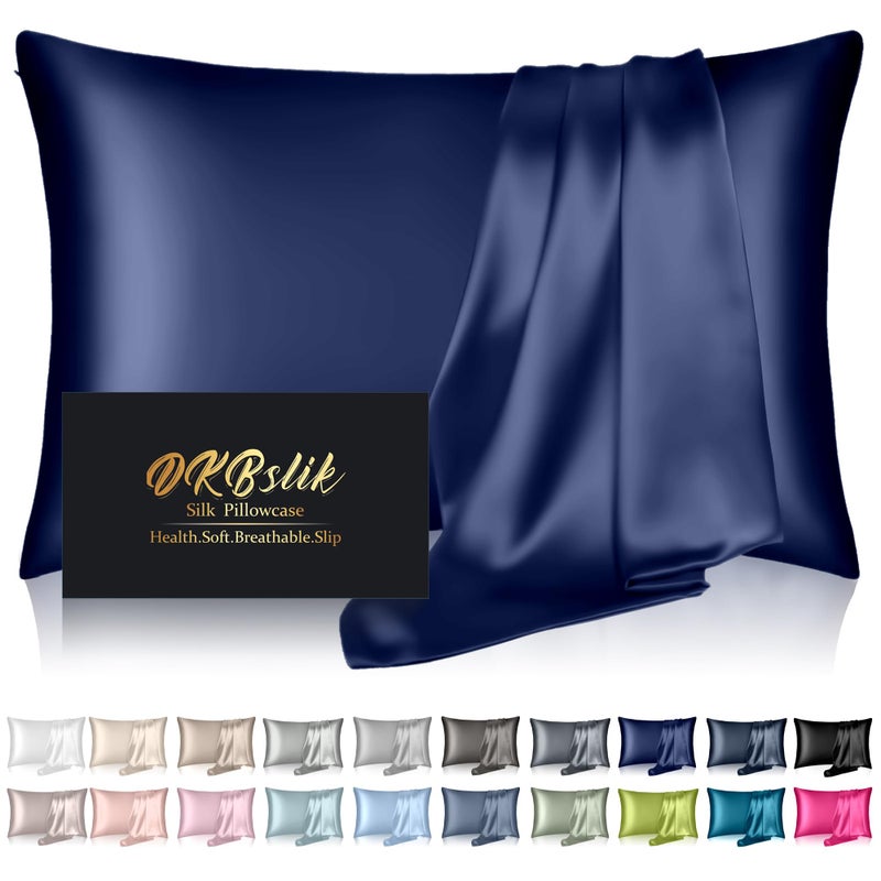 DKBslik Silk Pillowcase for Hair and Skin, Mulberry Silk Pillow Cases Standard Size, Anti Acne Cooling Sleep Both Sides Natural Silk Satin Pillow Covers with Hidden Zipper, Gifts for Women Men, Navy Blue - Image 1