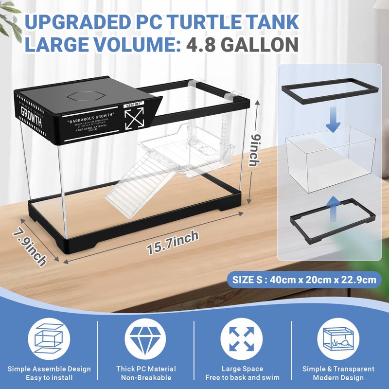 GOZILLA Aquatic Turtle Tank+Lamp+Filter Kit, Upgrade PC Turtle Tank Starter Kit with Adjustable 360Â°Lamp & Filter,Reptile Habitat Lid,Hanging Platform for Small Reptiles.(15.75Ã—7.9Ã—9''/Black) - Image 2