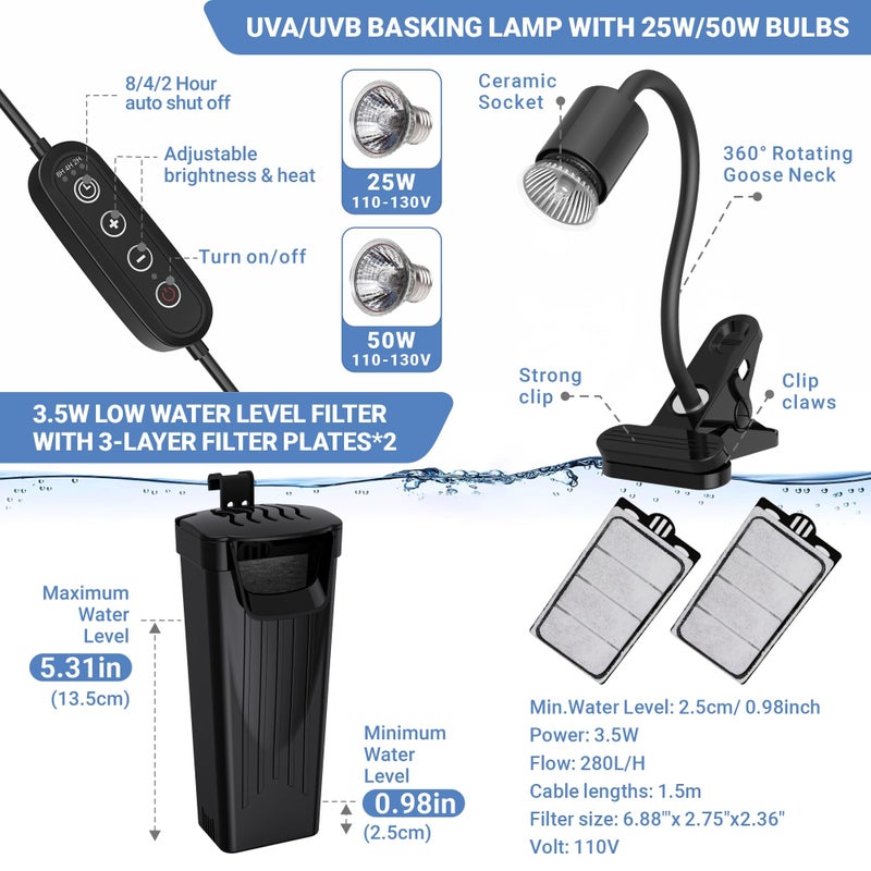 GOZILLA Aquatic Turtle Tank+Lamp+Filter Kit, Upgrade PC Turtle Tank Starter Kit with Adjustable 360Â°Lamp & Filter,Reptile Habitat Lid,Hanging Platform for Small Reptiles.(15.75Ã—7.9Ã—9''/Black) - Image 4