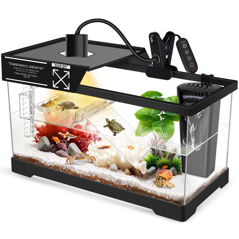 GOZILLA Aquatic Turtle Tank+Lamp+Filter Kit, Upgrade PC Turtle Tank Starter Kit with Adjustable 360Â°Lamp & Filter,Reptile Habitat Lid,Hanging Platform for Small Reptiles.(15.75Ã—7.9Ã—9''/Black) - Image 1