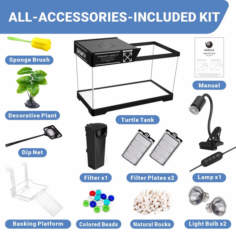 GOZILLA Aquatic Turtle Tank+Lamp+Filter Kit, Upgrade PC Turtle Tank Starter Kit with Adjustable 360Â°Lamp & Filter,Reptile Habitat Lid,Hanging Platform for Small Reptiles.(15.75Ã—7.9Ã—9''/Black) - Image 3