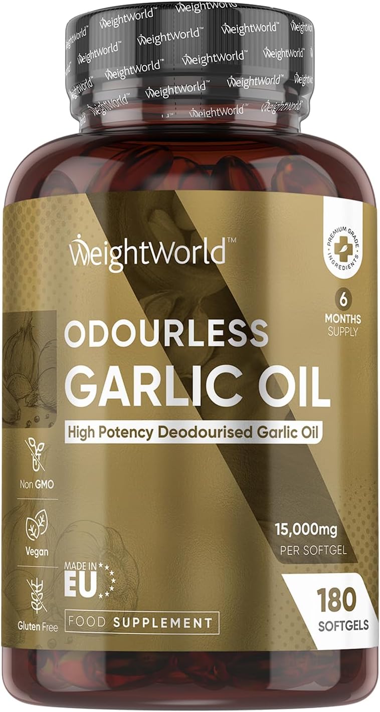 WeightWorld كبسولات الثوم عديم الرائحة 15000 ملغ قوية 180 كبسولة نباتية إمداد لمدة 6 أشهر عالية الفعالية زيت الثوم البارد المضغوط 5001 بديل الثوم الأسود المسحوق - Image 1