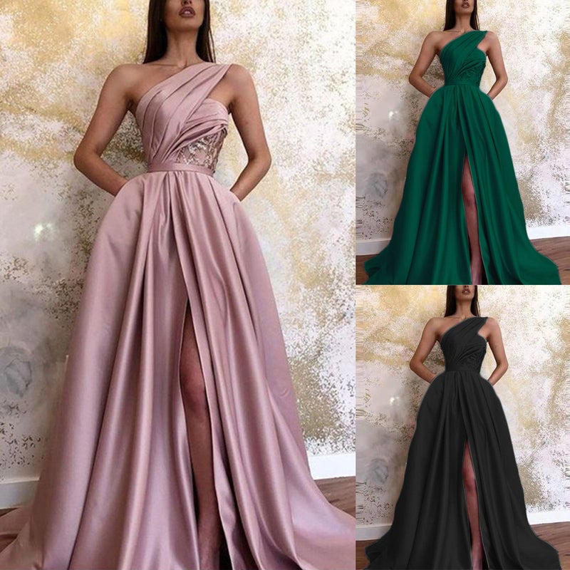 Temperament Sloping Shoulder Evening Gown Slit Sloping Shoulder Evening Dress - Image 4