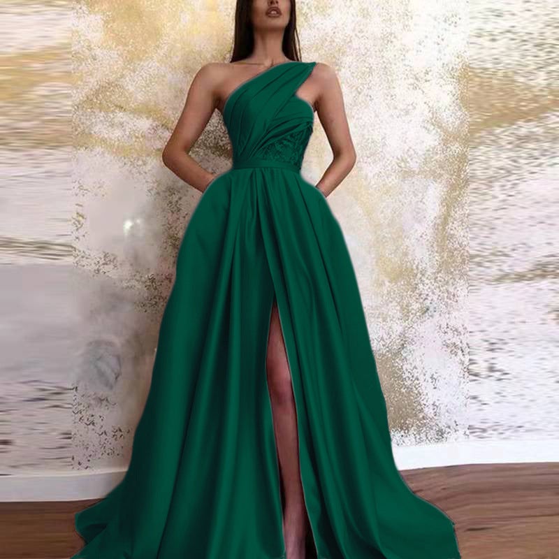 Temperament Sloping Shoulder Evening Gown Slit Sloping Shoulder Evening Dress - Image 1
