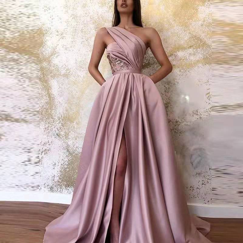 Temperament Sloping Shoulder Evening Gown Slit Sloping Shoulder Evening Dress - Image 2
