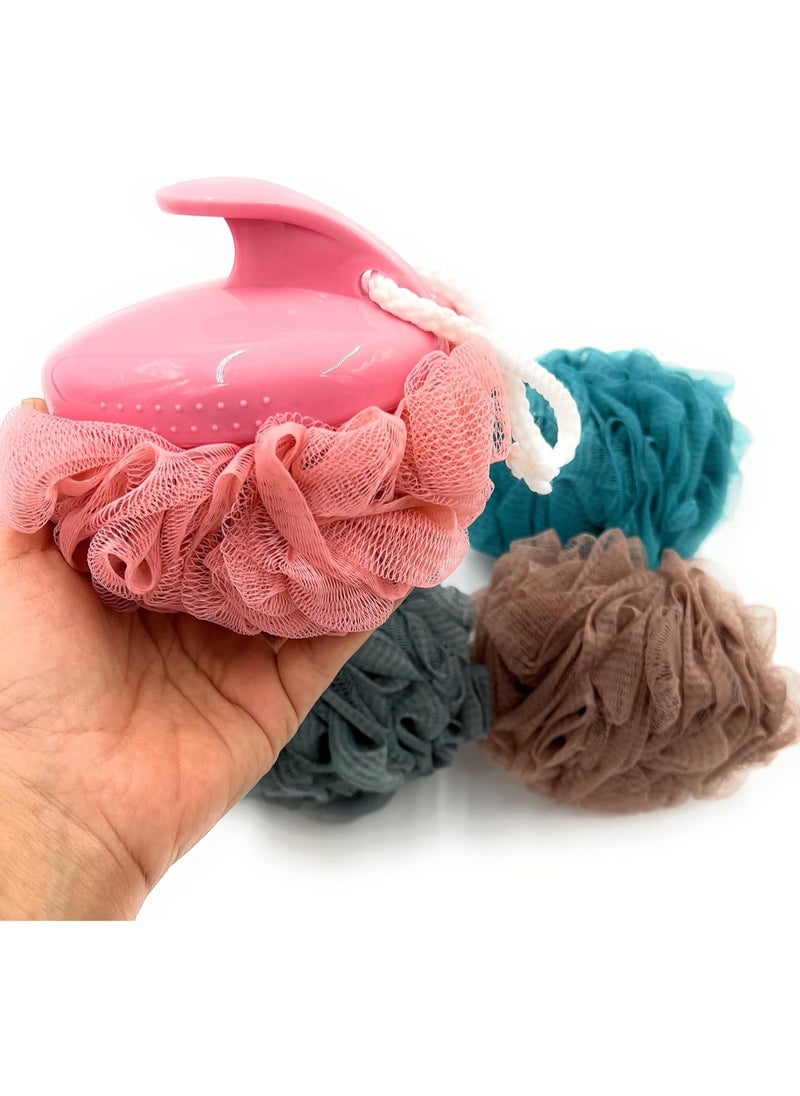 VIO 4 Pack Soft Fluffy Exfoliating Bath Ball Mesh Body Scrub Mesh Loofah Shower Sponge Ball Pouf Shower Wall Scrubber Exfoliating Mesh Sponge Body Cleansing Bath Bubble Ball Combo 3 With Handle  - Image 1