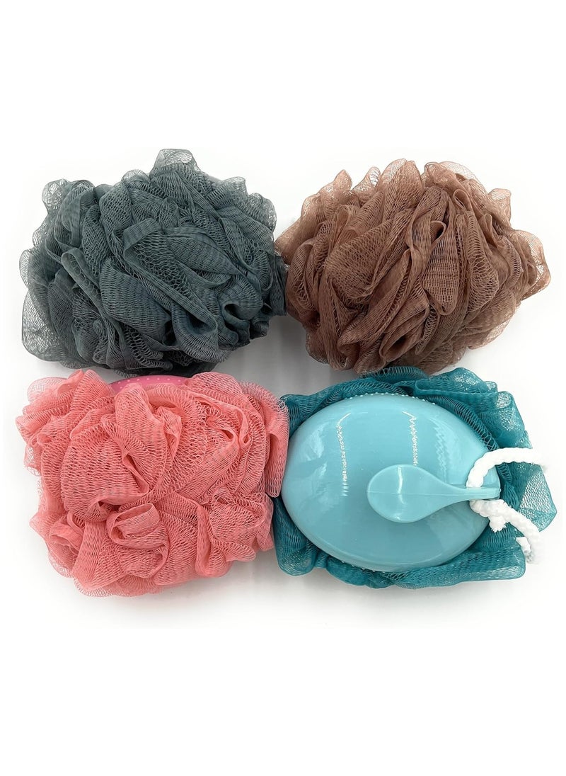 VIO 4 Pack Soft Fluffy Exfoliating Bath Ball Mesh Body Scrub Mesh Loofah Shower Sponge Ball Pouf Shower Wall Scrubber Exfoliating Mesh Sponge Body Cleansing Bath Bubble Ball Combo 3 With Handle  - Image 3