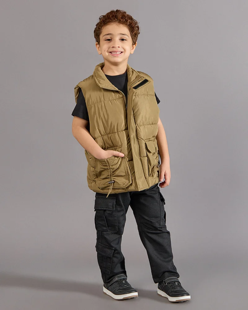 REDTAG Boys Beige Sleeveless Puffer Jacket