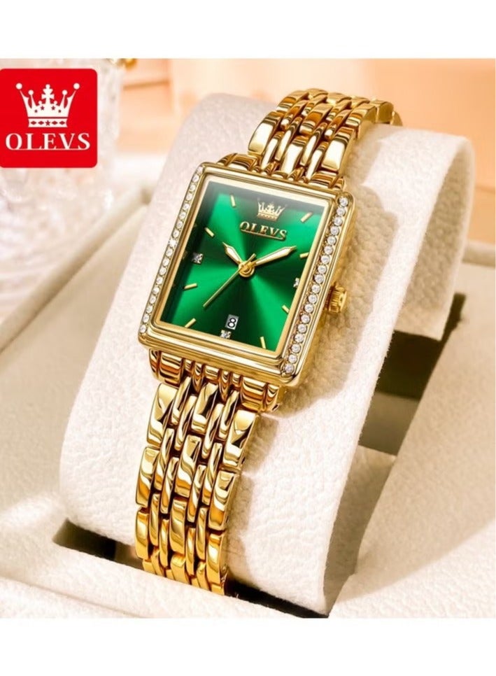 أوليفز المرأة الموضة أنيقة مربع الساعة الكوارتز مع تاريخ مقاومة للماء الذهب الحالة الرقم الأخضر 9995 - Image 1