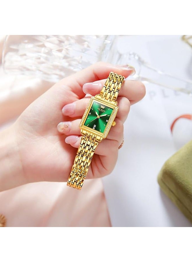 أوليفز المرأة الموضة أنيقة مربع الساعة الكوارتز مع تاريخ مقاومة للماء الذهب الحالة الرقم الأخضر 9995 - Image 4