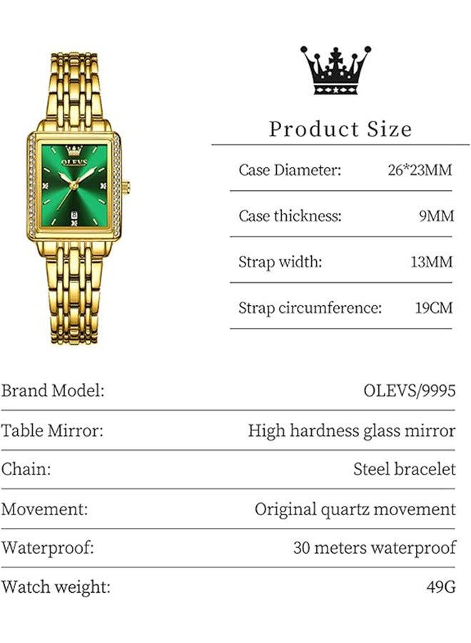 أوليفز المرأة الموضة أنيقة مربع الساعة الكوارتز مع تاريخ مقاومة للماء الذهب الحالة الرقم الأخضر 9995 - Image 5