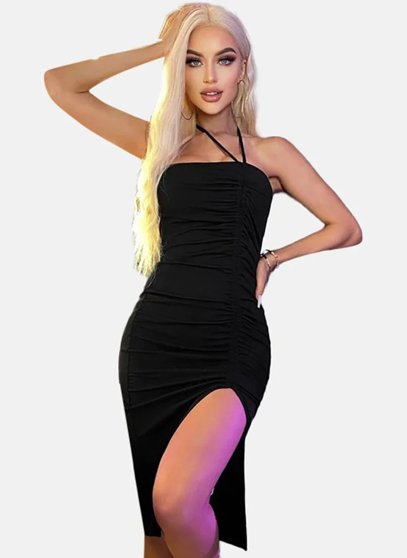 YUNIQEE Black Solid Sleeveless Tie-up Midi Wrap Dress
