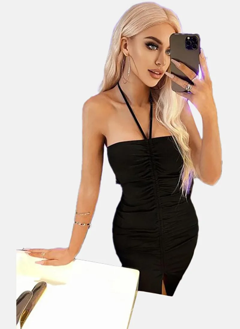 YUNIQEE Black Solid Sleeveless Tie-up Midi Wrap Dress