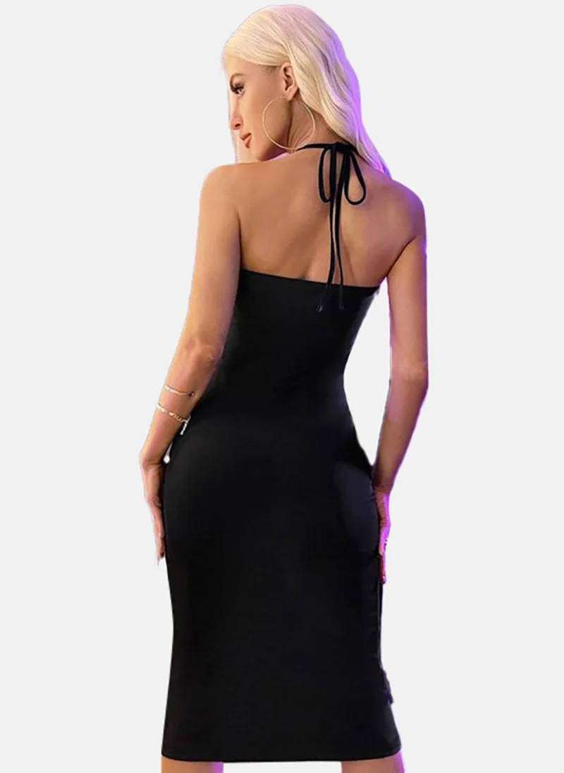 يونيكي Black Solid Sleeveless Tie-up Midi Wrap Dress