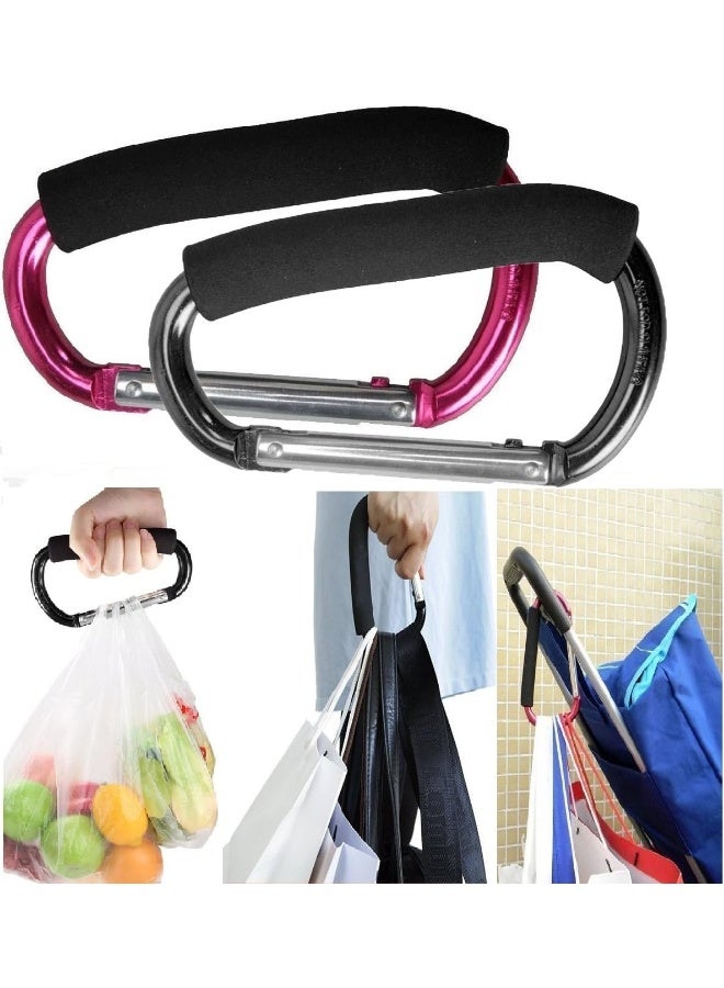 Newraturner Large Stroller Hooks for Mommy, 2 pcs Carabiner Stroller Hook Organizer for Hanging Purses, Diaper Bag, Shopping Bags. Clip Fits Single/Twin Travel Systems, Car Seats (Black+Rose) - Image 1