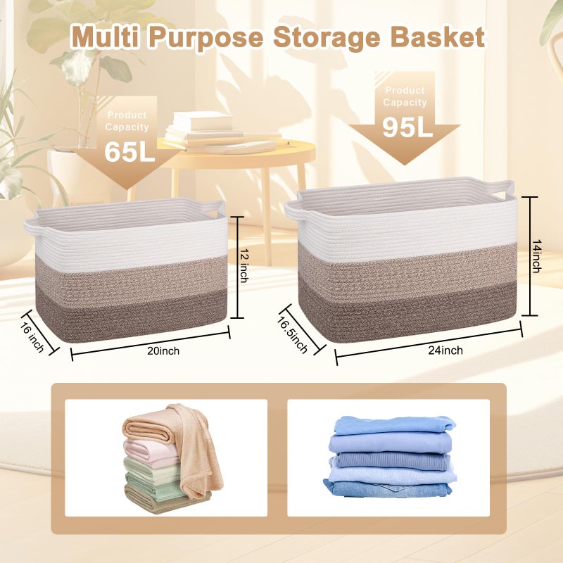 OIAHOMY Extra Large Blanket Basket, 95L Woven Storage Basket, Cotton Rope Toy Bin for Baby Room, Container for Storage in Living Room, 24''Ã—17''Ã—14'', Gradient Brown - Image 3