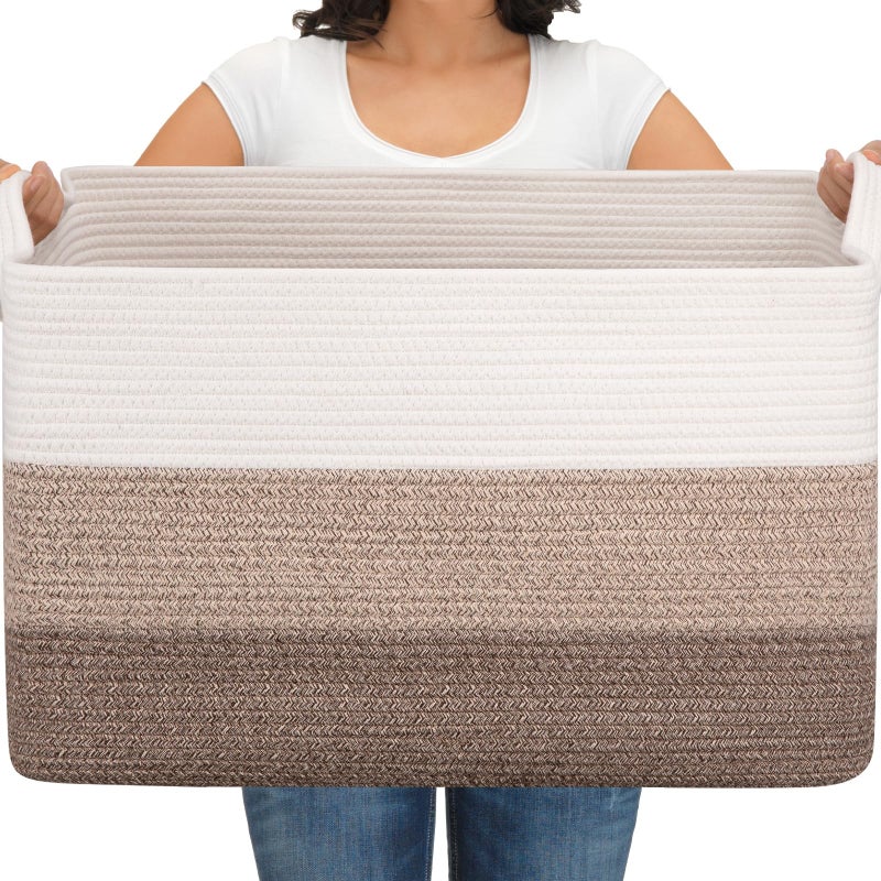OIAHOMY Extra Large Blanket Basket, 95L Woven Storage Basket, Cotton Rope Toy Bin for Baby Room, Container for Storage in Living Room, 24''Ã—17''Ã—14'', Gradient Brown - Image 1