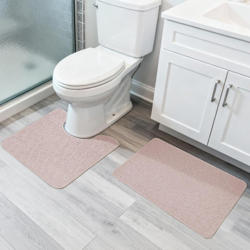 Bathroom Rug Set: Beige Ultra Thin Quick Dry Non-Slip Machine Washable Absorbent Bathroom Rugs - Toilet Rugs for Home Bathroom Decor - Image 1