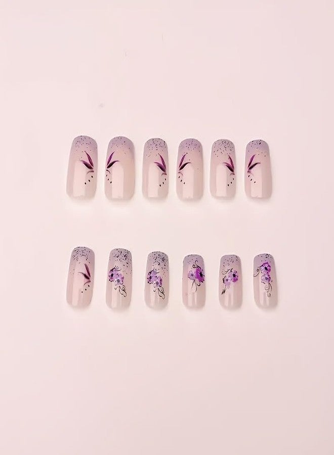 OCOUYVD Purple Press on Nails Medium Square Fake Nails with Lilac Flower Design Floral Glue on Nail Glossy Glitter Spring Nail Reusable Summer False Nails for Women Girls Daily Wear Manicure 24pcs - Image 4
