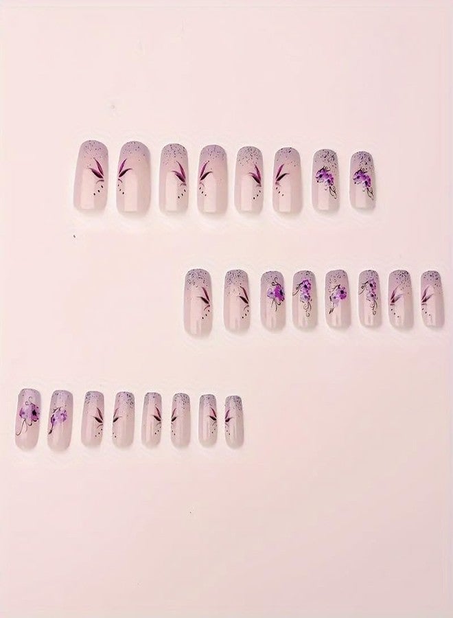 OCOUYVD Purple Press on Nails Medium Square Fake Nails with Lilac Flower Design Floral Glue on Nail Glossy Glitter Spring Nail Reusable Summer False Nails for Women Girls Daily Wear Manicure 24pcs - Image 3
