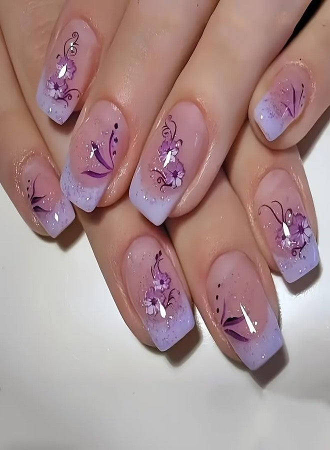 OCOUYVD Purple Press on Nails Medium Square Fake Nails with Lilac Flower Design Floral Glue on Nail Glossy Glitter Spring Nail Reusable Summer False Nails for Women Girls Daily Wear Manicure 24pcs - Image 1