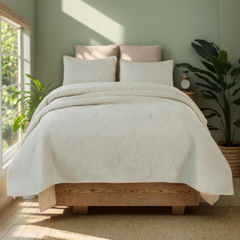 Brandream King Size Quilt Set Cotton Elegant Beige Palm Quilts Matelasse Coverlet Set Lightweight Quilted Comforter Set 3 Piece