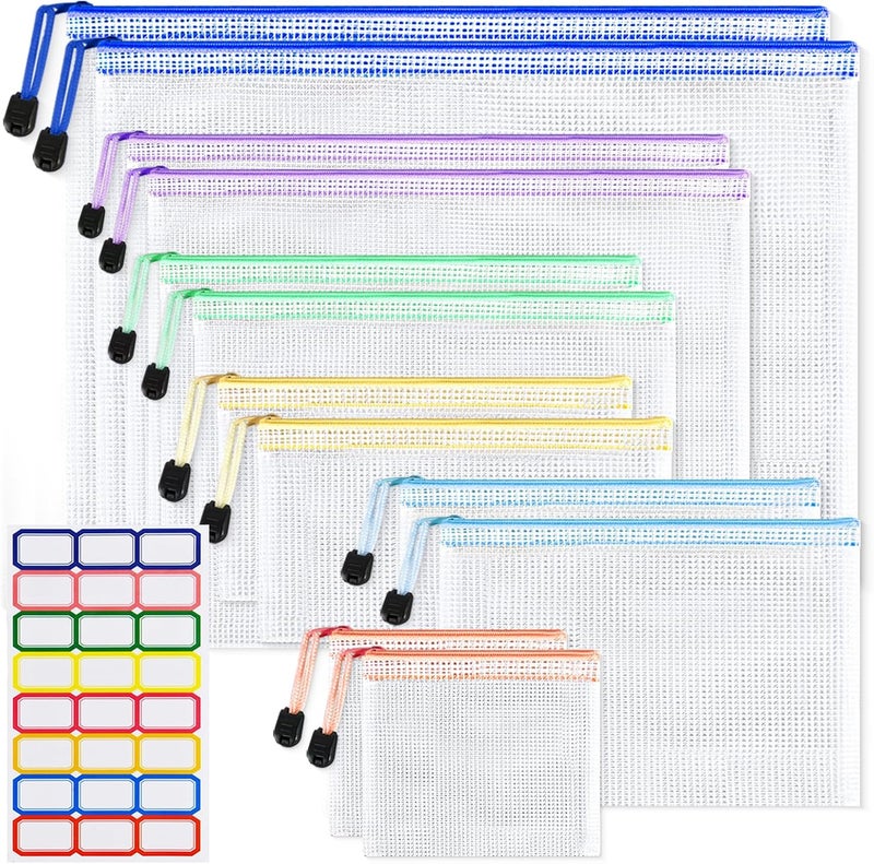 ASTEN Mesh Zipper Pouch Bags: Clear Zipper Pouches for Classroom, Plastic Board Game Organizer and Storage, Multisize Clear Zipper Bags Waterproof for School and Office Supplies (6 Size, 12PCS, 6 Color) - Image 1