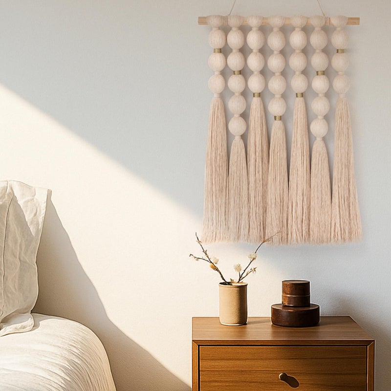 STRONA Handmade Macrame Wall Hanging â€“ 16"W x 23"L Boho Tapestry with Gold Detail, Natural Cotton Macrame Wall Art, Organic Modern Wall Decor for Bedroom, Living Room, Entryway, Artisan Handcrafted in India - Image 1
