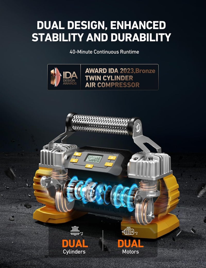 AstroAI ضاغط هواء إطارات أسترو إيه آي 12 فولت DC 160 PSI مع شاشة، مزدوج الأسطوانات ومحركات مزدوجة، مضخة إطارات مزدوجة الطاقة للسيارات الرياضية، المركبات الترفيهية، المركبات خارج الطرق، الشاحنات، السيارات، المراتب الهوائية، إيقاف تلقائي، ضوء LED - Image 4
