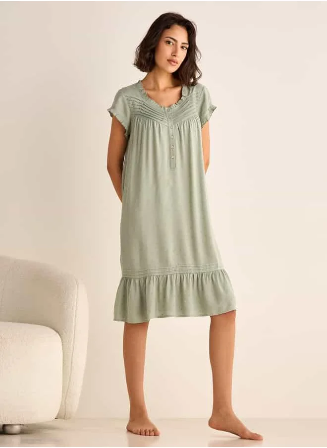 FAV Textured Round Neck Night Dress with Short Sleeves and Pintuck Detail
