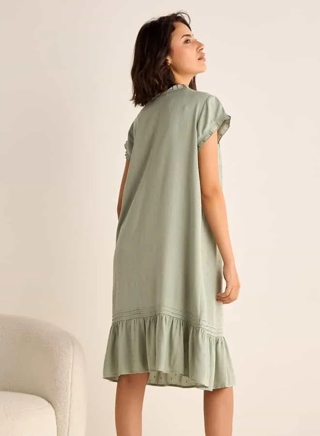 Splash FAV Textured Round Neck Night Dress with Short Sleeves and Pintuck Detail