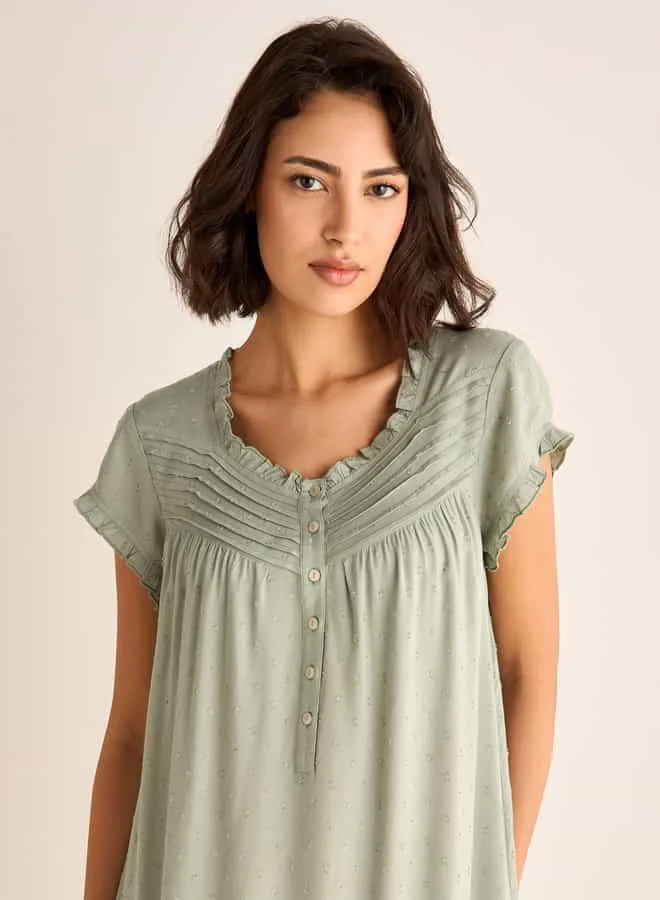 Splash FAV Textured Round Neck Night Dress with Short Sleeves and Pintuck Detail