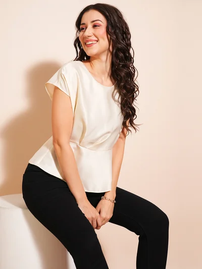 جلو باص Women Solid Round Neck Top