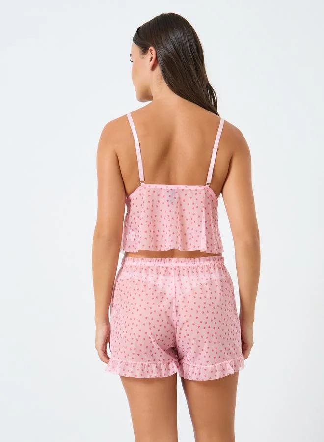 Styli  Heart Print Knit Cami Top and Shorts Set With Satin Bow for Women | Best Price UAE