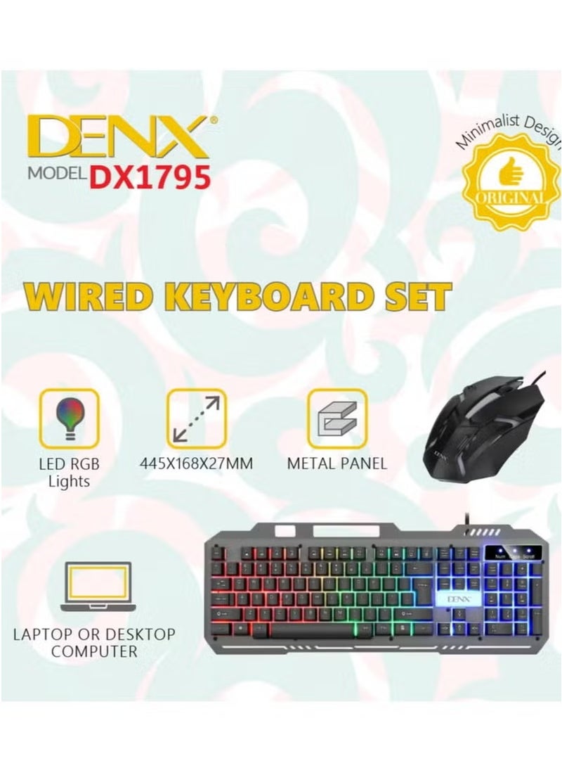 دينكس لوحة مفاتيح سلكية , طقم لوحة مفاتيح ألعاب بإضاءة LED مع ماوس أبيض مع لوحة ماوس للألعاب الأسود / الأزرق , مجموعة لوحة مفاتيح سلكية بإضاءة خلفية RGB وماوس ألعاب - Image 1