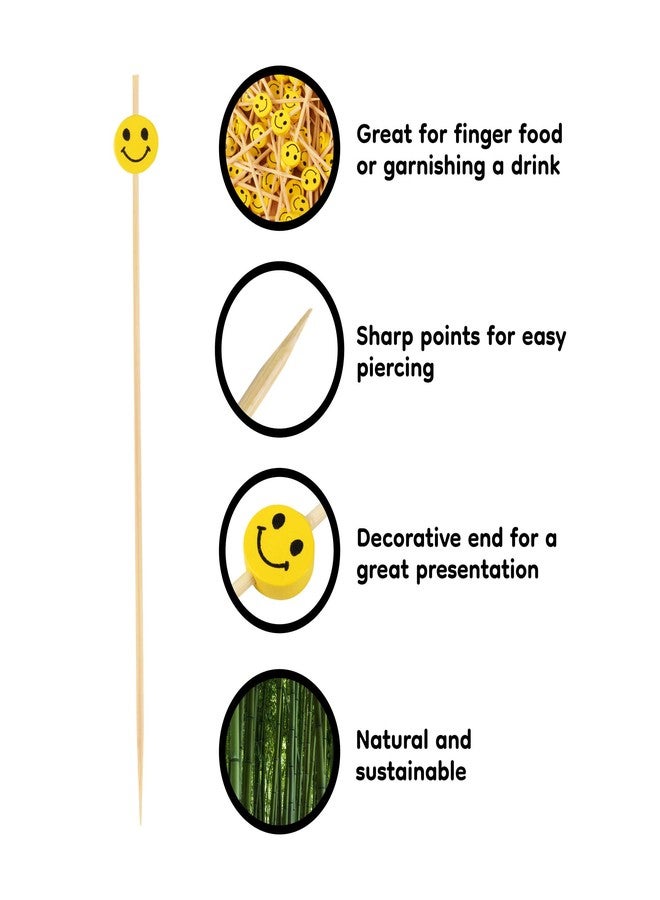 BambooMN 4" Decorative Yellow Smiley Smile Face Cocktail Sandwich Fruit Cupcake Bamboo Skewer Picks for Any Party, 100 Pieces - Image 3