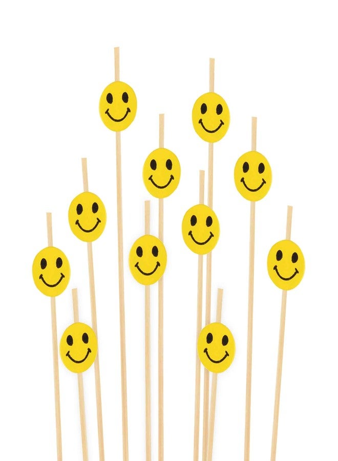 BambooMN 4" Decorative Yellow Smiley Smile Face Cocktail Sandwich Fruit Cupcake Bamboo Skewer Picks for Any Party, 100 Pieces - Image 1