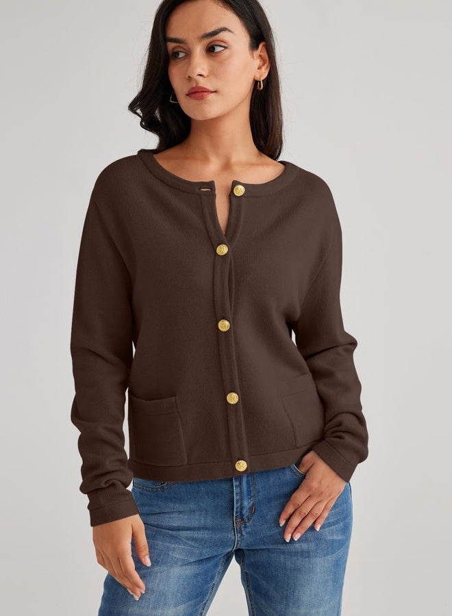 LILLUSORY Women Cardigan Sweaters Fall Outfit Clothes Fashion Cropped Jackets Trendy 2025 Casual Long Sleeve Tops, Chocolatebrown, S - Image 2