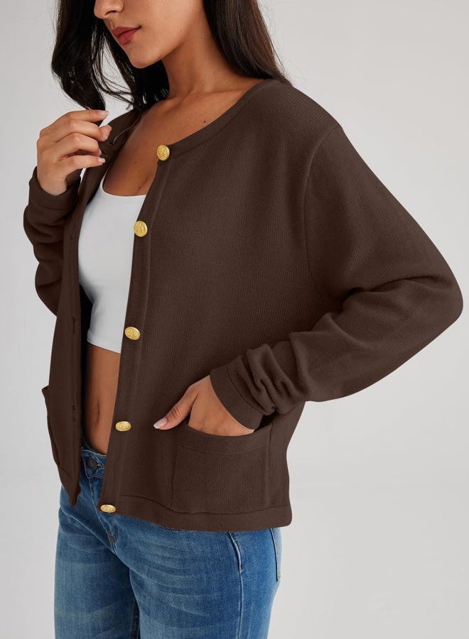 LILLUSORY Women Cardigan Sweaters Fall Outfit Clothes Fashion Cropped Jackets Trendy 2025 Casual Long Sleeve Tops, Chocolatebrown, S - Image 3