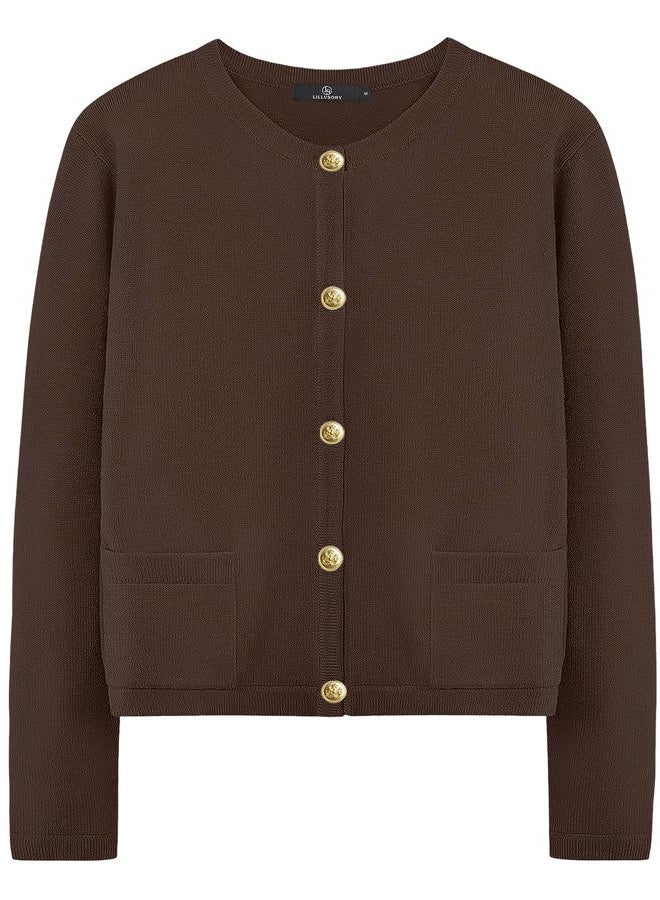 LILLUSORY Women Cardigan Sweaters Fall Outfit Clothes Fashion Cropped Jackets Trendy 2025 Casual Long Sleeve Tops, Chocolatebrown, S - Image 1
