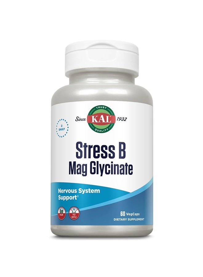 KAL Stress B Mag Glycinate, B Complex Vitamins Plus Magnesium, Active Forms Coenzyme Vitamin B-6, Methylcobalamin, and Folate from 5-MTHF, Healthy Mood & Relaxation Support, 30 Servings, 60 VegCaps  - Image 1